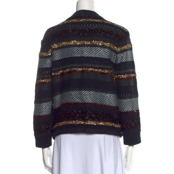 Tory Burch Sweater Stripe Metallic Merino Wool Alpaca Blend Danielle Navy Thick - Picture 1 of 11